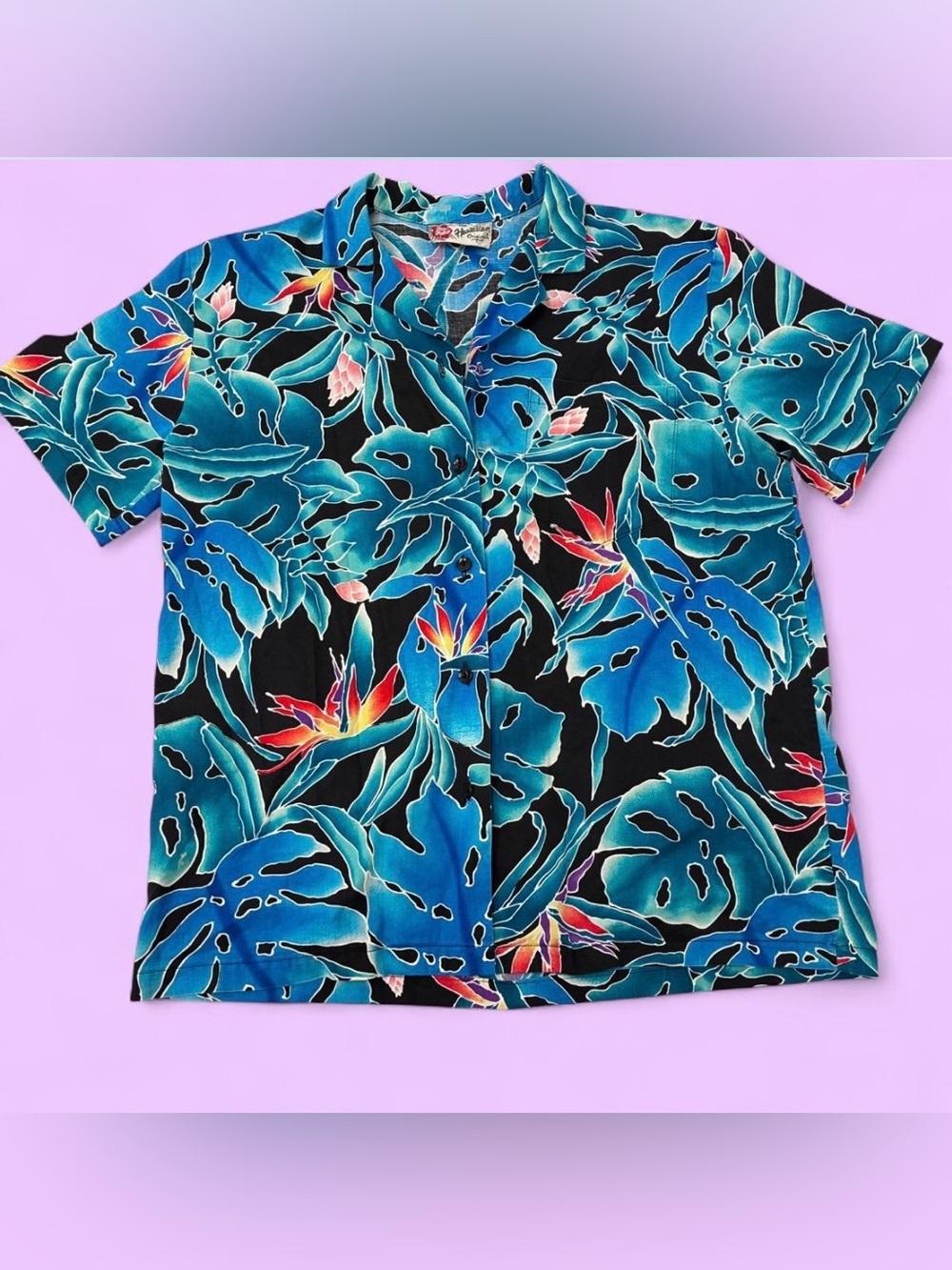 Hilo Hattie Men’s Boys Blue Tropical Print Tiki Button Down Shirt Retro Sz S
